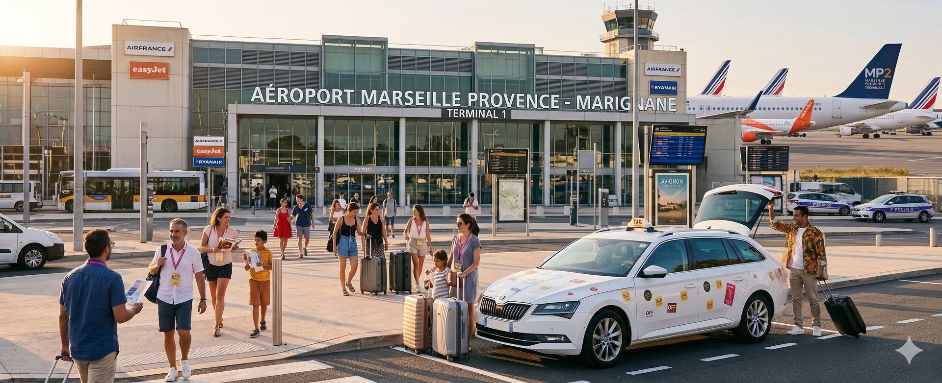 Taxi blanc devant le terminal 1 de l'aéroport Marseille-Provence Marignane, transfert passagers depuis Villeneuve-lès-Avignon et Avignon