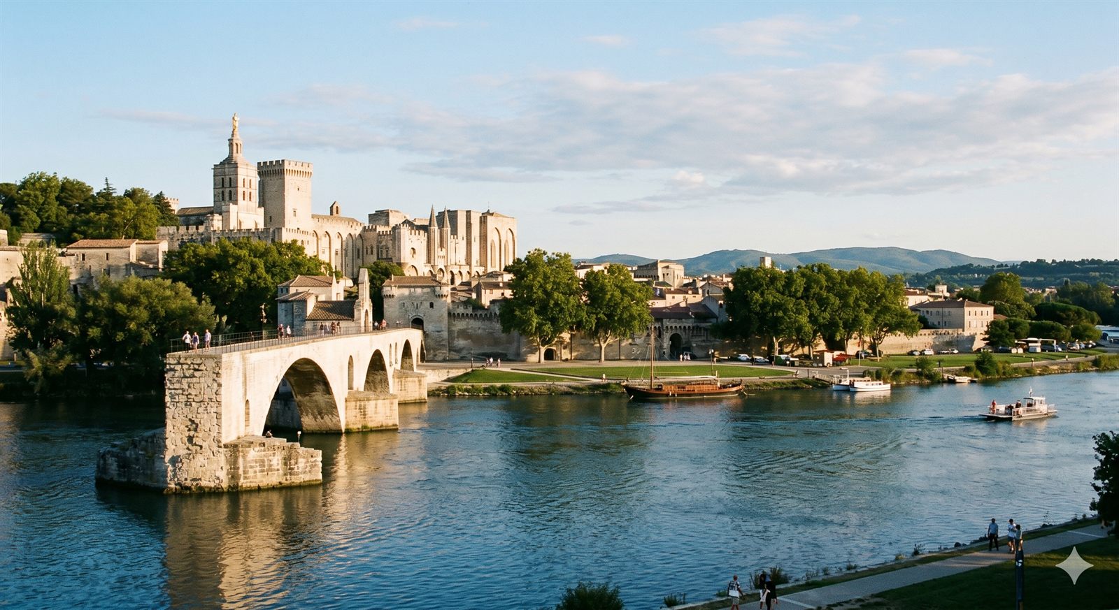 Taxi à Avignon — vue du Pont Saint-Bénézet et du Palais des Papes au coucher du soleil, destination quotidienne des taxis depuis Villeneuve-lès-Avignon