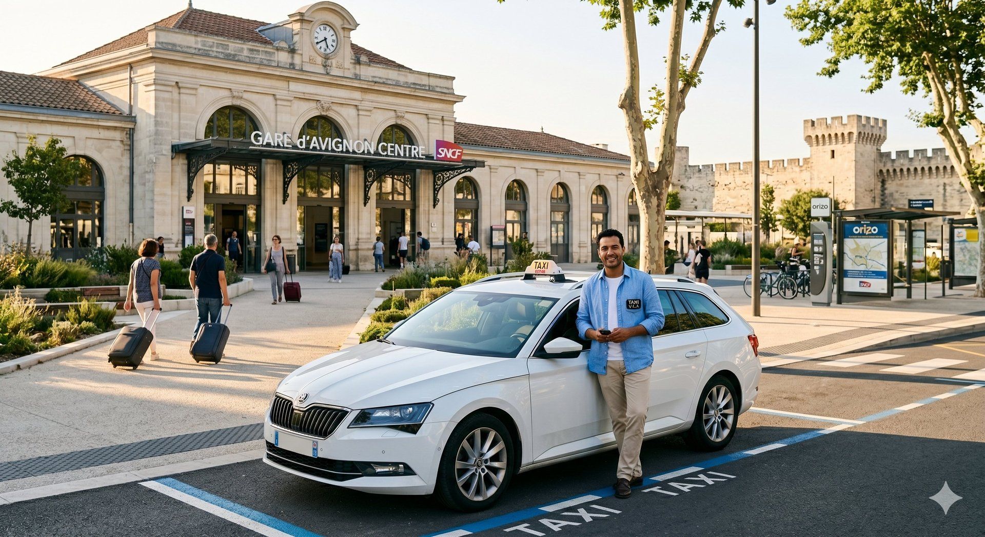 Taxi blanc stationné devant la Gare d'Avignon Centre SNCF avec chauffeur professionnel souriant, remparts de la cité des Papes en arrière-plan