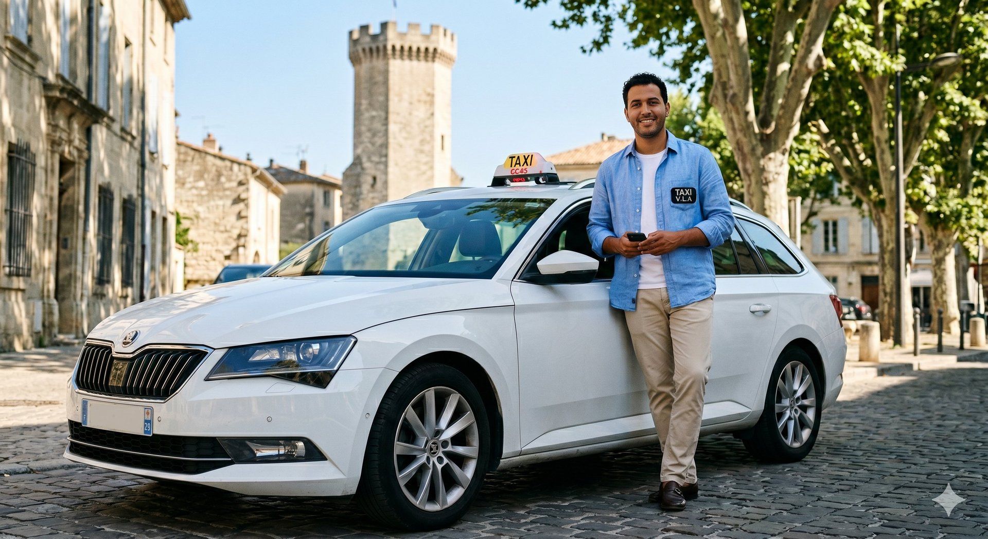 Chauffeur de taxi à Villeneuve-lès-Avignon posant devant son véhicule blanc dans les ruelles pavées de la vieille ville, près de la tour Philippe le Bel